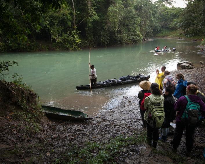 Students line up for kayak ride