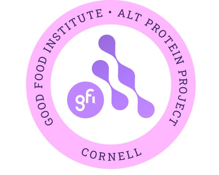 A pink circle with purple text that reads Good Food Institute: Alt Protein Project Cornell, surrounding a white and purple stylized protein.