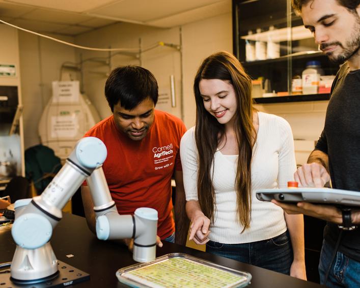 Students look into a microscope.