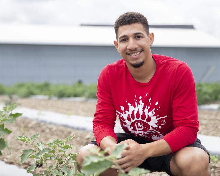 Diego Hernandez squatting next to crops in a field