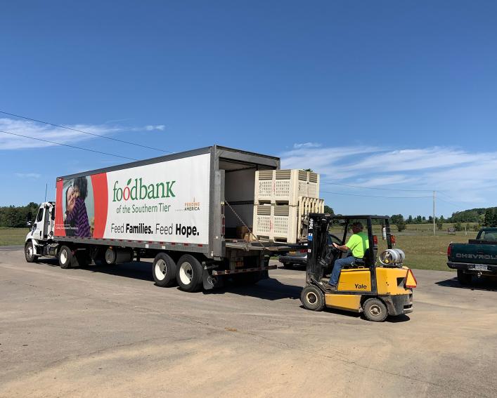 A forklift loads pallets of food into a truck.