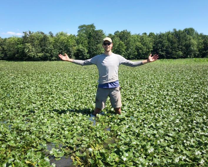 Student stands in a bed of water chestnut.