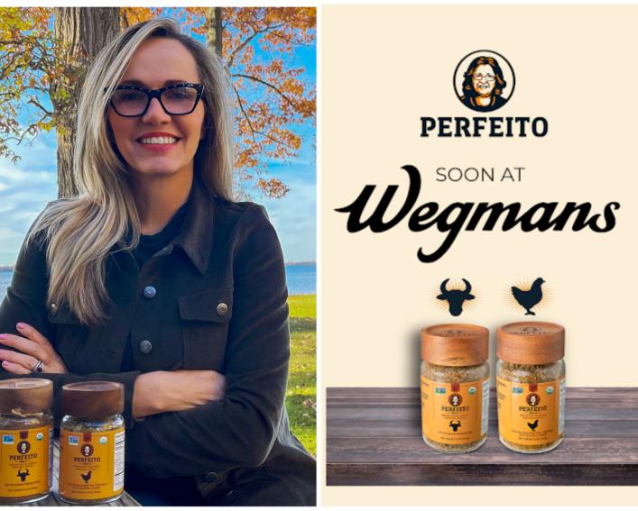 Left: Perfeito Fodos founder Patricia Springer. Right: Advertisement reading "Perfeito soon to Wegmans"