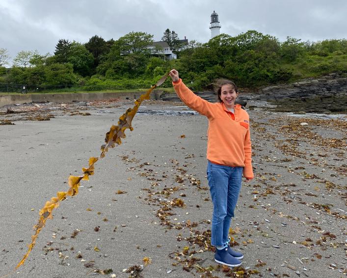 student on a beach with seaweed