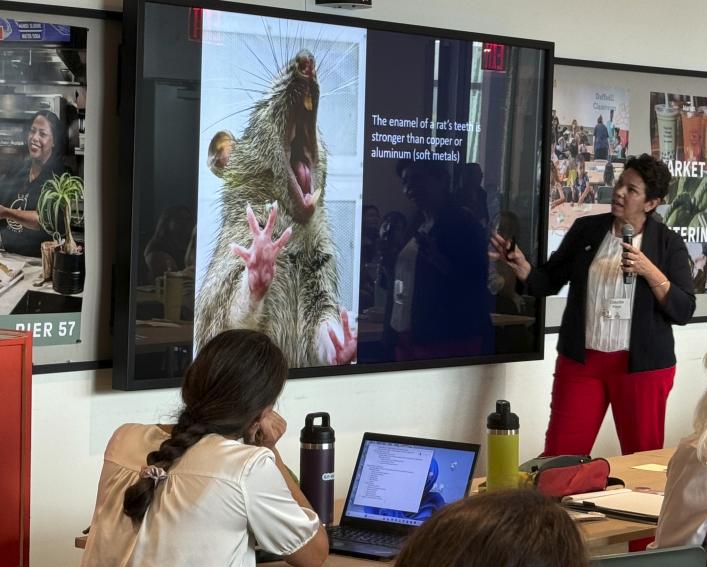 person presenting in front of a screen with a photo of a rat displaying it's teeth