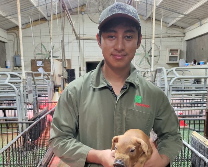 A man stands holding a piglet.