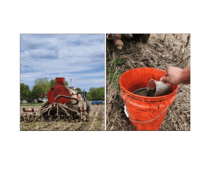 A manure spreader spreads manure on the left. A hand holds a cup and scoops manure out of a bucket on the right.