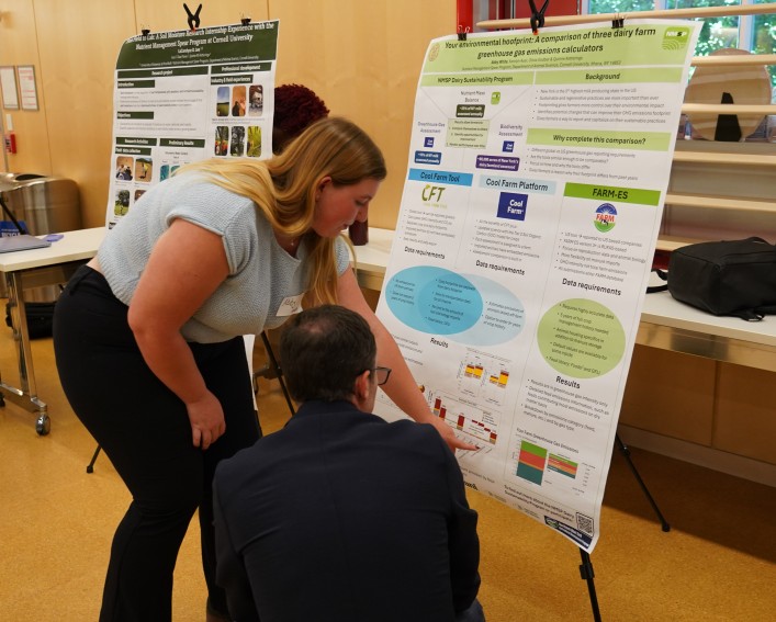 A woman bends over and points to a detail of a poster. A man squats next to the poster looking at the detail alongside her.