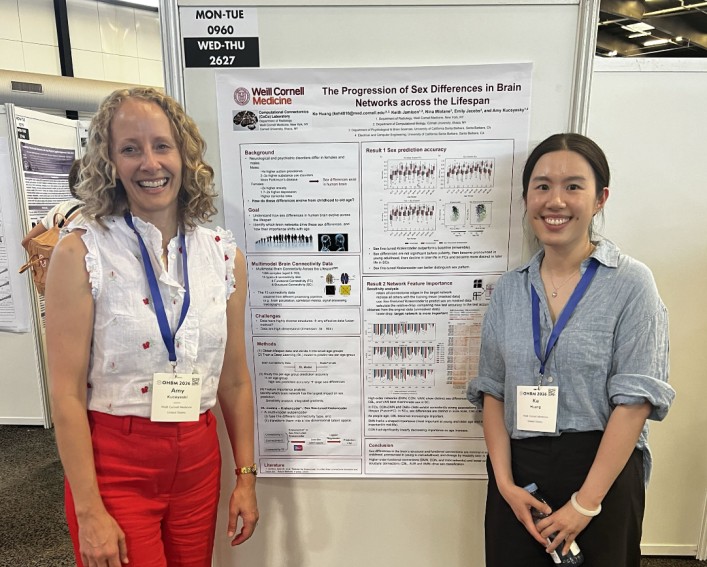two peopel stand in front of a poster