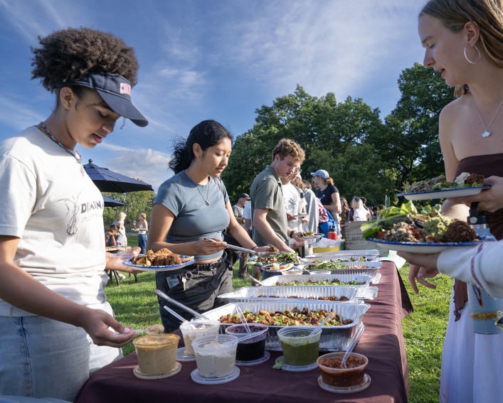 Students are getting food from a buffet