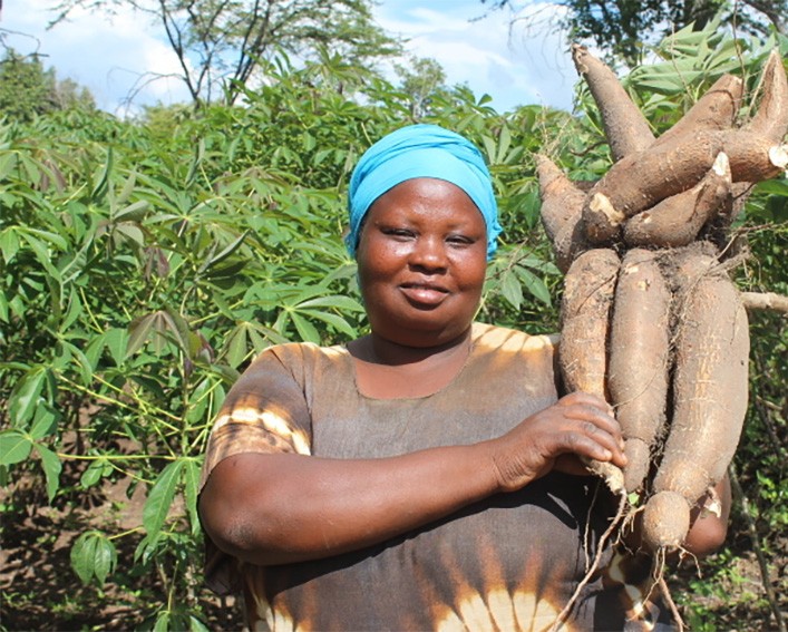 asha holding up cassava roots