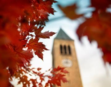 McGraw Tower is surrounded by red autumn leaves