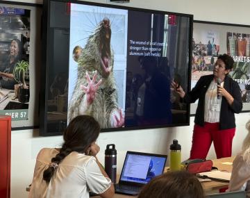 person presenting in front of a screen with a photo of a rat displaying it's teeth