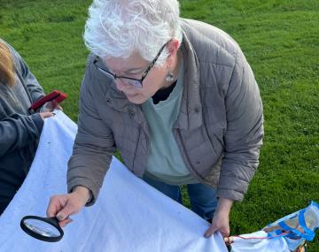 Regina Clinton inspects a white piece of cloth with a magnifying glass while kneeling on a manicured lawn.