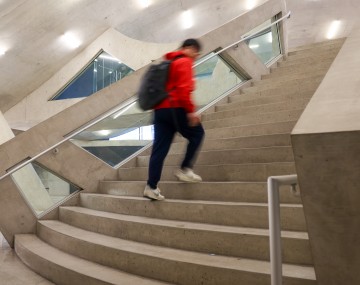 a student in a red jacket walks up stairs
