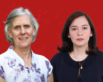 Two women shown side by side against a red background, facing the camera in professional portraits.