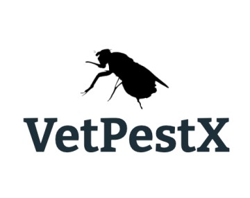 Wordmark for Vet Pest X with a silhouette of a fly rearing back on its hind legs over the text 'Vet pest X' which is displayed with no spaces.