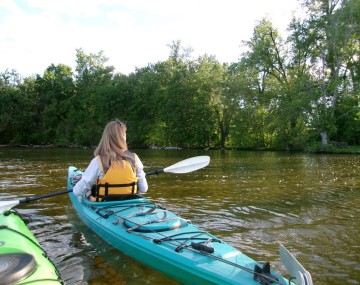 person in kayak moving away from shoreline